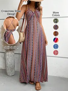 Women's Printed Split Long Sleeveless Dress, Classic Stripe Design, Backless Criss Cross Strap, Spring Summer Fall Wear, Casual Bohemian Style Womenswear