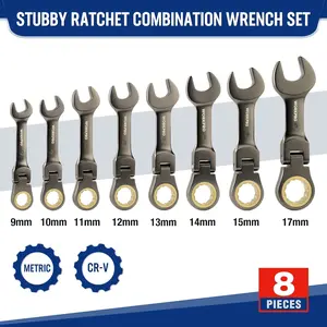 8pcs set of short-handle ratchet combination wrenches with pivoting heads, 180° adjustable, impact-resistant, metric sizes 9-17mm, 72 teeth, CRV material, nickel-plated, with roll-up storage bag, tools and gadgets for him，mechanic tools，adapt，tools