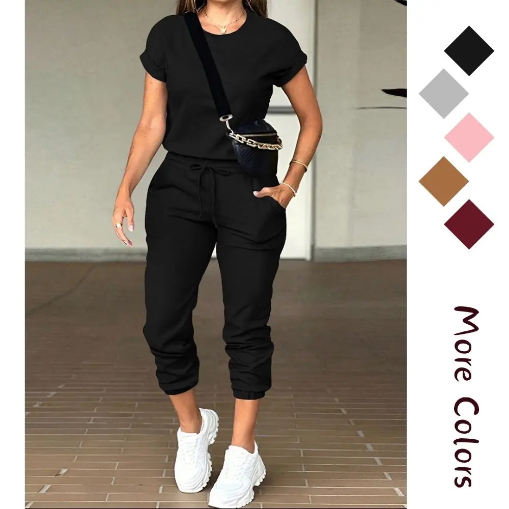 Women's 2 Piece Outfits Tracksuit Sets Short Sleeve Tops Jogger Pants with Pockets