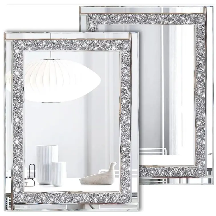 2 Pack Crystal Crush Silver Wall Mirrors 11 x 15 Inch Frameless Glass Mirror for Bedroom, Bathroom, Home