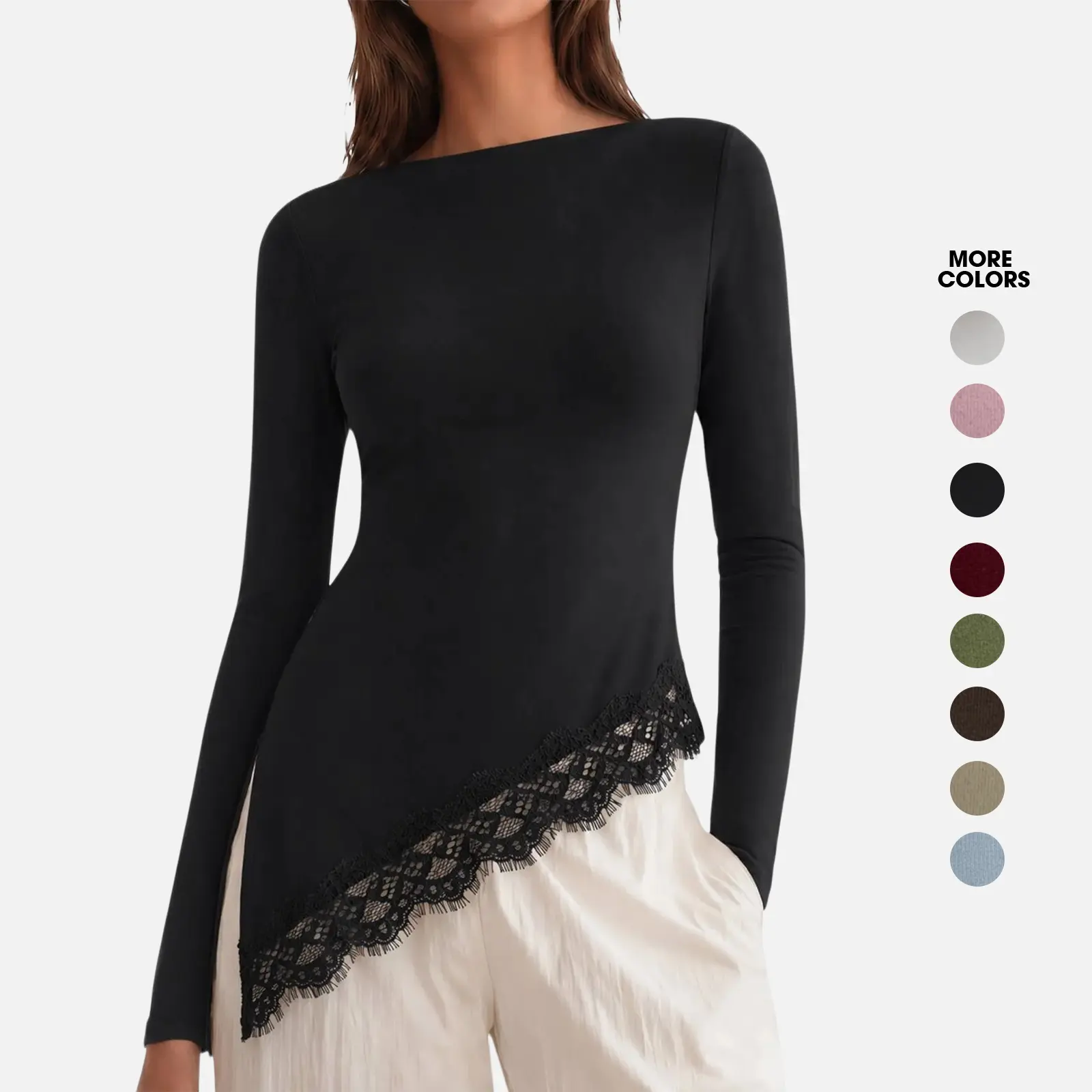 Flowyair Womens Boat Neck Lace Tops Slim Fit Long Sleeve Shirts | Casual Dressy, Lace Asymmetrical Slit Hem, Fitted, Fall Outfits, Y2k Going Out, Sexy, Cute, Club Party