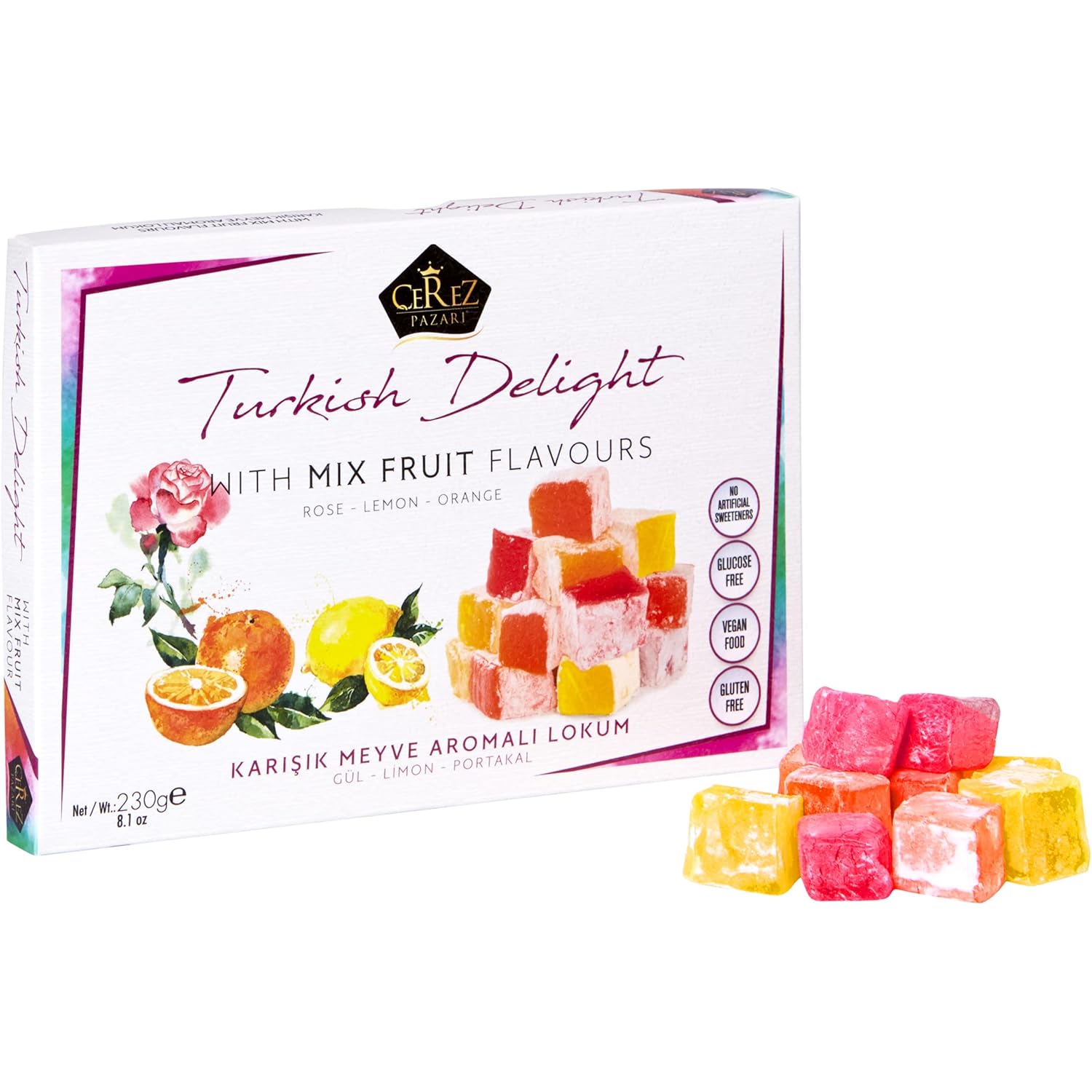 Turkish Delight with Rose, Orange and Lemon Mix Flavours 8.1 Oz Gourmet Small Size Snacks Gift Box, No Nuts Sweet Traditional Confectionery Vegan Candy Dessert Lokum Loukoumi Approx.32Pcs
