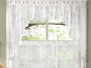 Sweet Home Collection Old World Style Floral Heavy Lace Kitchen Curtain Swag Pair, Hopewell White