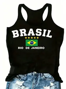 Fifa World Cup Brazil Tank Top, Brasil Flag Racerback for Soccer Fans, Casual Fitted Tank Top, No Button, Without Zipper, Letter Pattern