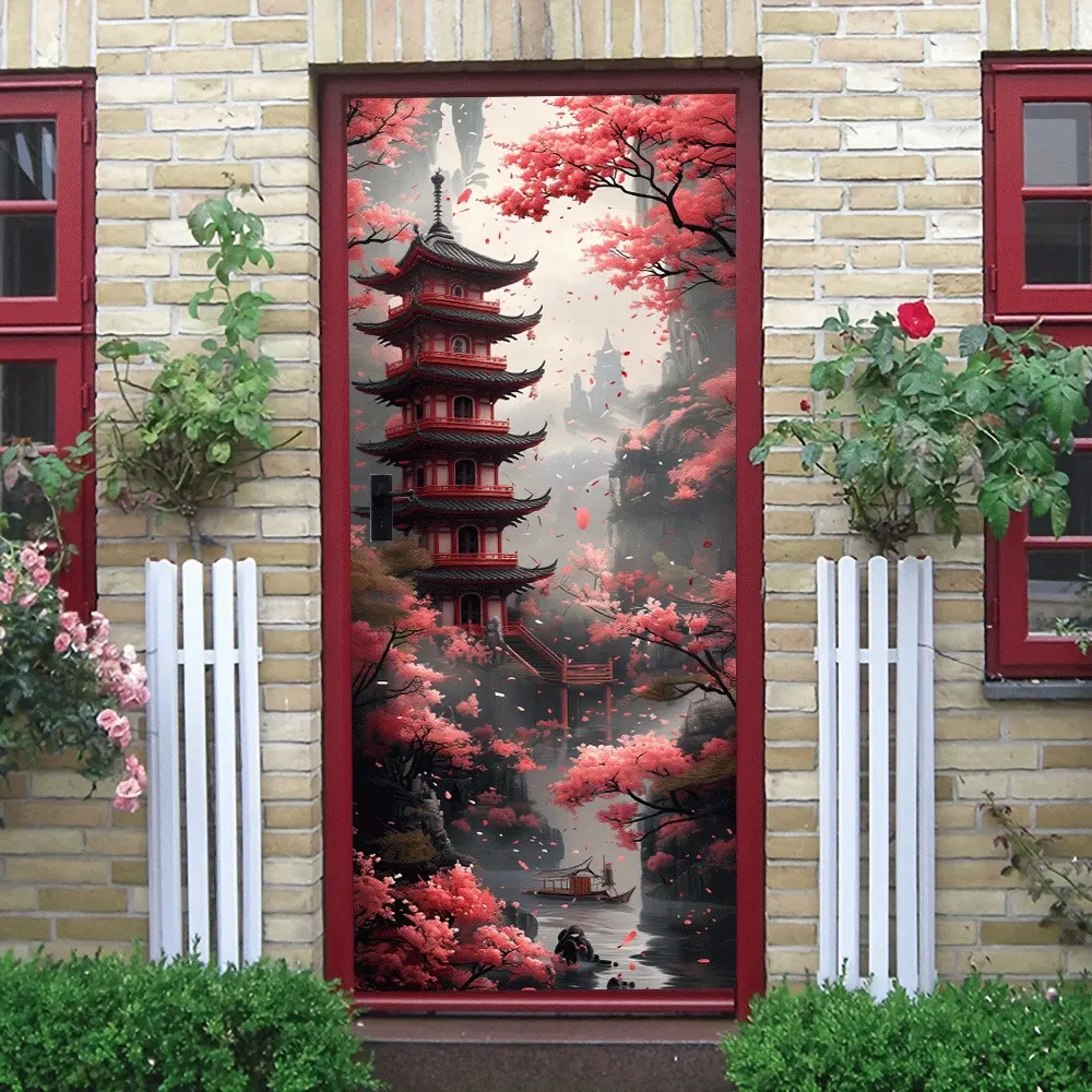 2pcs Chinese Style Ancient Cherry Blossom Pagoda Wall Sticker Zen Landscape Decoration Waterproof Removable PVC Mural for Living Room Bedroom StudyHome Decor Collage Self-Adhesive Door Sticker
