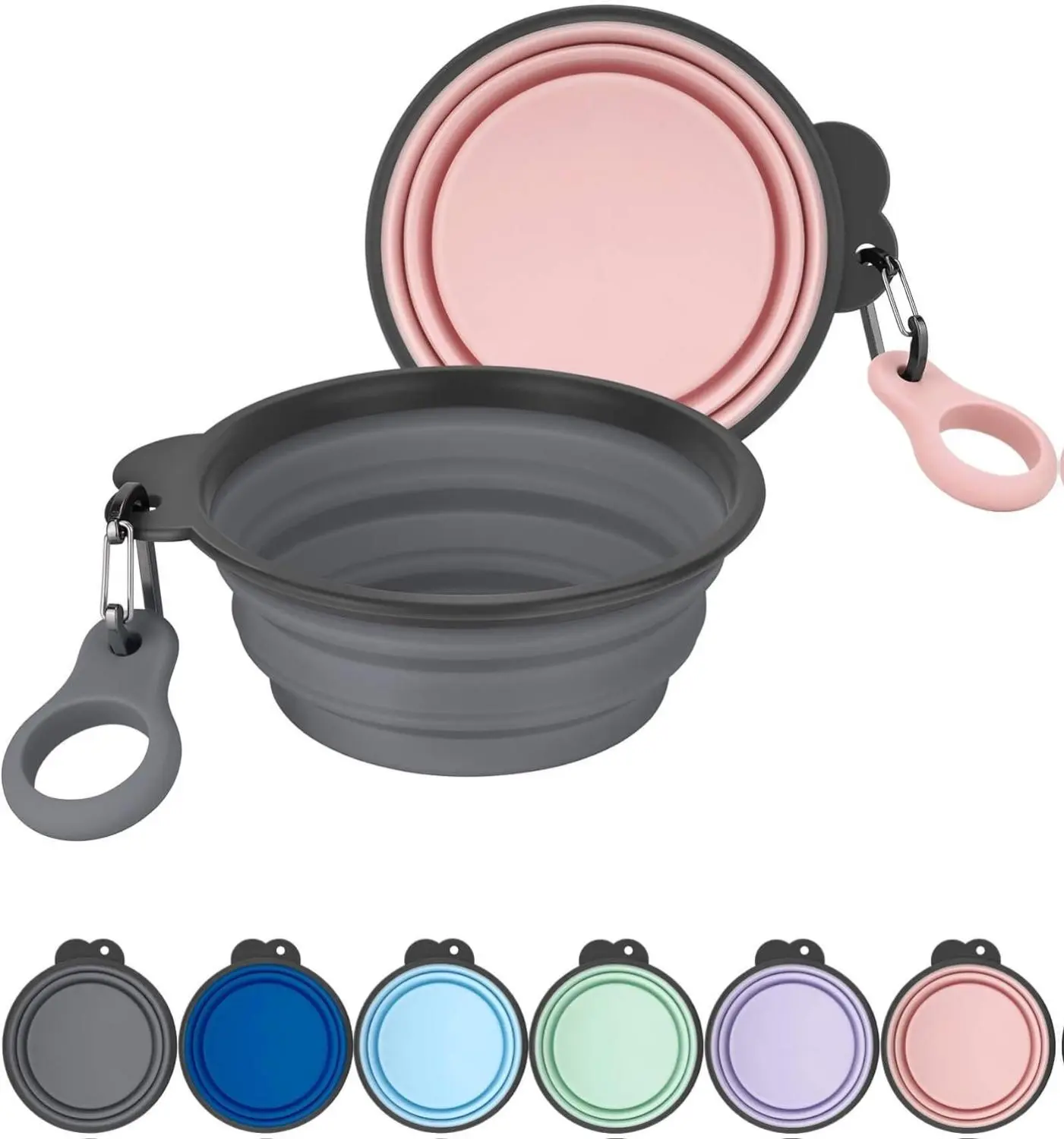 Collapsible Dog Bowls with Bottle Carrier 2 Pack Travel Dog Water Bowl Upgraded Carabiner One-Piece Molded Rim No Fall Off or Crack Foldable Silicone Portable for Pets Walking Hiking 15oz