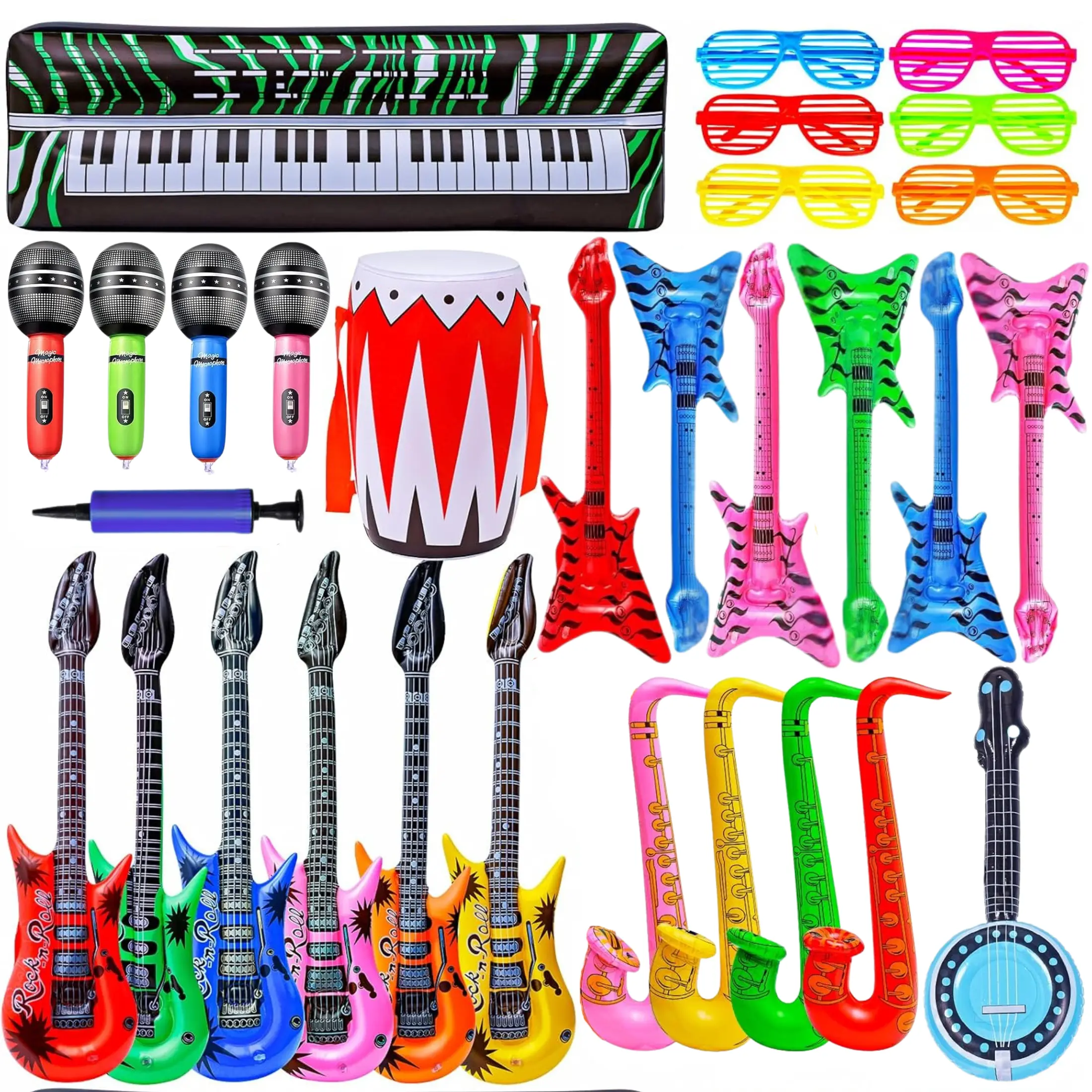 30PCS Unisex Inflatable Rock Star Toy Set - PVC Plastic 80s-90s Party Props with Musical Instruments, Guitars, Microphones - Festive Event Accessories, Party Favors & Decorations