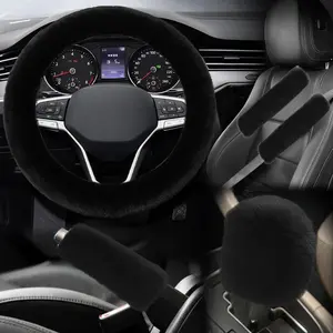 5 count   Steering Wheel Cover Set, Includes Faux  Gear Shift Cover & Handbrake Cover & Steering Wheel Protector & 2 Seat Belt  Pads, Winter Fuzzy Warm  Accessories (Black)