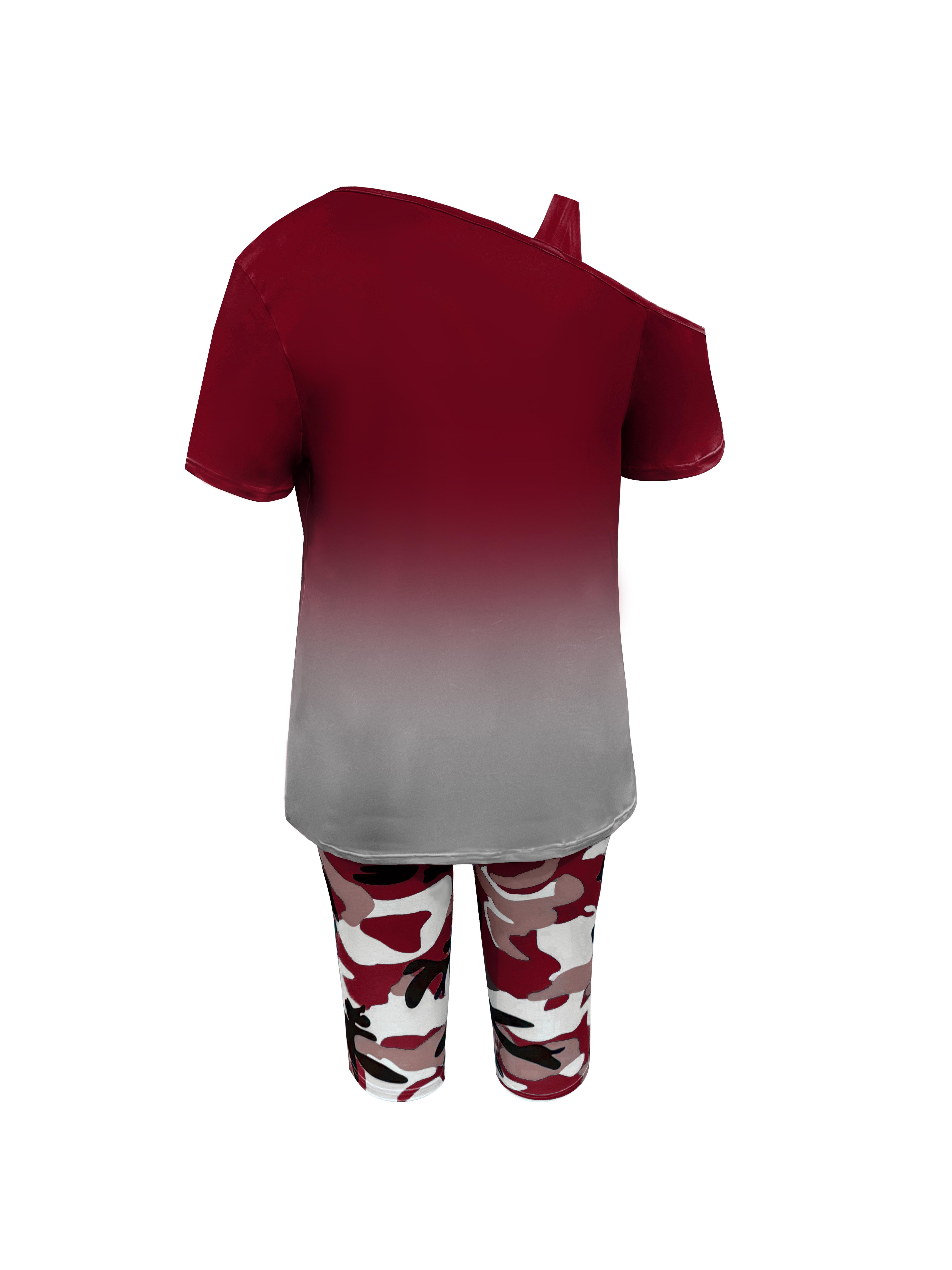 Women's 2-Piece Casual Chic Cowl Neck Shortsleeve Outfits - "Queen" Lettering Camisole, Camouflage Shorts, Casual Vacation Wear, Casual Chic Set