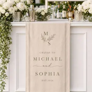 Custom Wedding Bar Banner, Personalized Cheers To Couple Sign, Linen Cocktail Bar Decor, Reception Table Runner, Monogram Banner