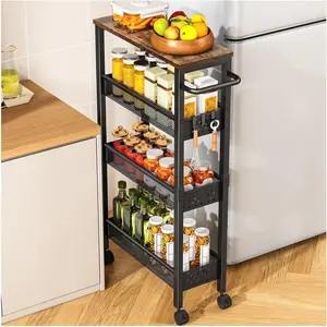 Utility Slim Storage Cart with Wheels, 4-Tier Small Rolling Cart with Wood Top, Metal Mobile Trolley with Handle, Multi-Purpose Organizer for Kitchen, Bathroom, Laundry Room & Narrow Spaces - Black
