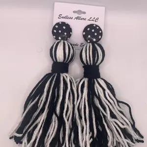 Endless Allure LLC Dalmatian Tassel Earrings - Black & White Polka Dot Discs with Striped Tassels for Stylish Accessory