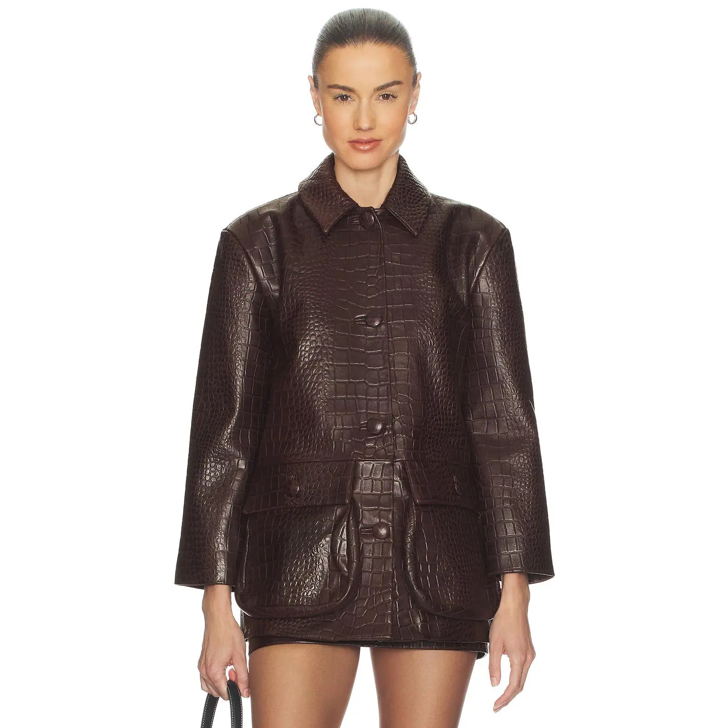 Helsa Schoolyard Jacket in Leather With Croc Emboss in Fudge