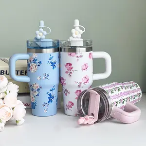 14oz Flower Series Car Cup Double layer Stainless Steel Vacuum Insulated Cup with Handle Portable Car Straw Cup Outdoor