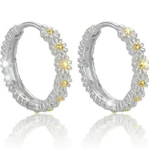 925 Silver Plated Daisy C-Shaped Huggie Earrings for Women, Floral Open Hoop Earrings with Yellow Accents, Lightweight Everyday Jewelry,summerwins