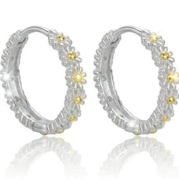 Women's 925 Silver Plated Medium Size C-Hoop Fashion Earrings, Daisy Motif Floral Open Hoops with Yellow Accents, Lightweight Everyday Costume Jewelry, Earring Hoops, Casual