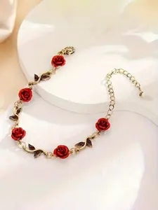 Elegant Rose Chain Bracelet with Floral Decor and Leaf Pendant, Valentine's Day Gift for Women, All-Season Wear