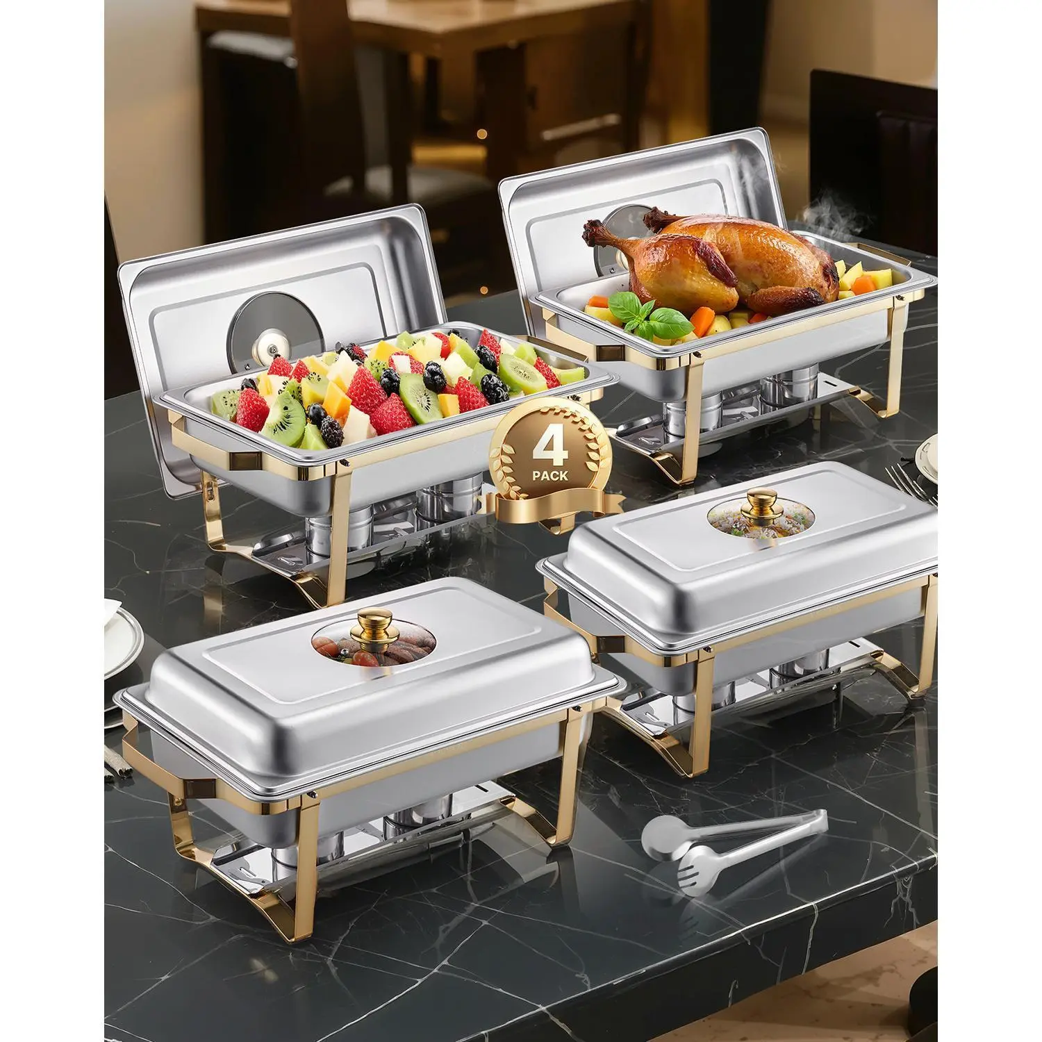 【Summerfinds】VEVOR 8 Qt 4 Pack Rectangle Chafing Dish Buffet Set Full Size Pan Stainless Steel Gold