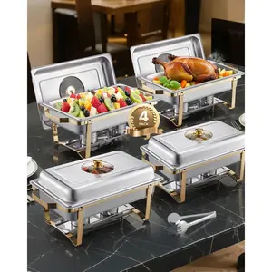 【Summervibes】VEVOR 8 Qt 4 Pack Rectangle Chafing Dish Buffet Set Full Size Pan Stainless Steel Gold