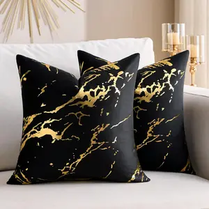 Velvet Black Sofa Pillow Covers 20x20 Gold Marble Pattern Throw Pillow Covers Bronzing Printed Couch Pillowcases Soft Square Cushion Cases for Home Living Room Bedroom Home Decor Set of 2