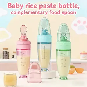 HOTMIR Food Grade Silicone Baby Spoon Feeder 90ml 3OZ, Multicolor Portable Squeeze Type Baby Milk Puree Feeding Bottle, Anti Slip Bottom Suction Cup Leak Proof Dust Protection Cap Easy Clean Baby Daily Feeding Essentials