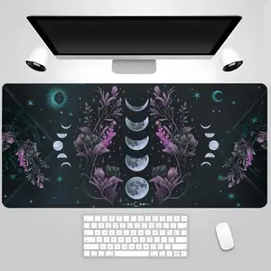 Mystic Moon Phases & Floral Design Mouse Pad, Non-slip Stitched Edge Desk Mat for Gaming and Office Use, Computer Accessories