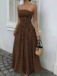 Women's Polka Dot Waist-Cropped Halter Dress, Vacation Style, Casual Sun Dress, Long Dress, Ultra-Long Dress, Polka Dot Dress