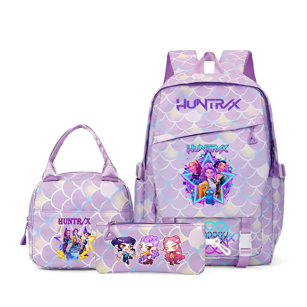 3Pcs Cartoon Anime Girl Print Backpack Set for Women Teen Girls, Pastel Purple Mermaid Scale Printed Large Capacity School Backpack with Insulated Lunch Bag and Pencil Pouch, Lightweight Water Resistant Multi-Pocket Casual Daypack for School Travel Daily