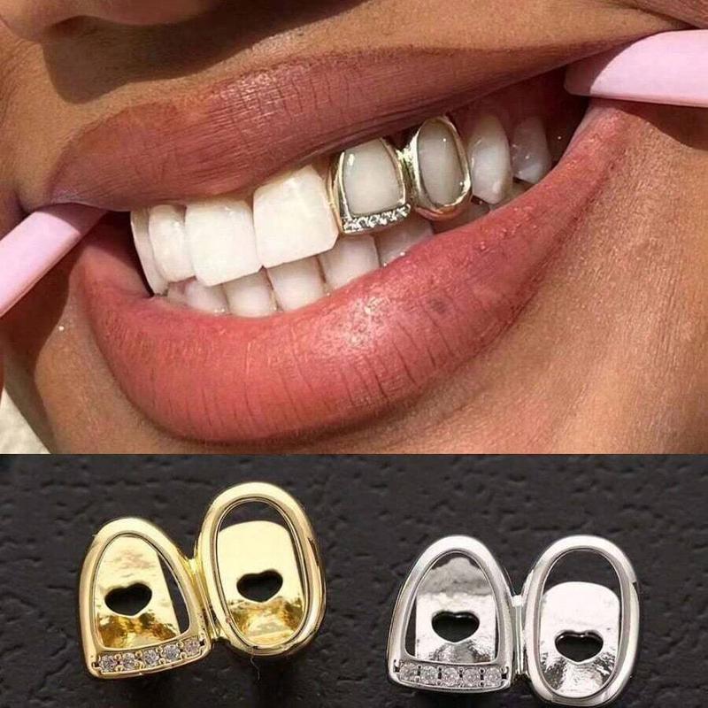 Hollow Oral Tooth Grillz Set with Zirconia Stones Double Top & 4 Hollow Bottom Teeth Hip Hop Street Style Unisex Jewelry Accessories Lightweight Silicone Festival Gift