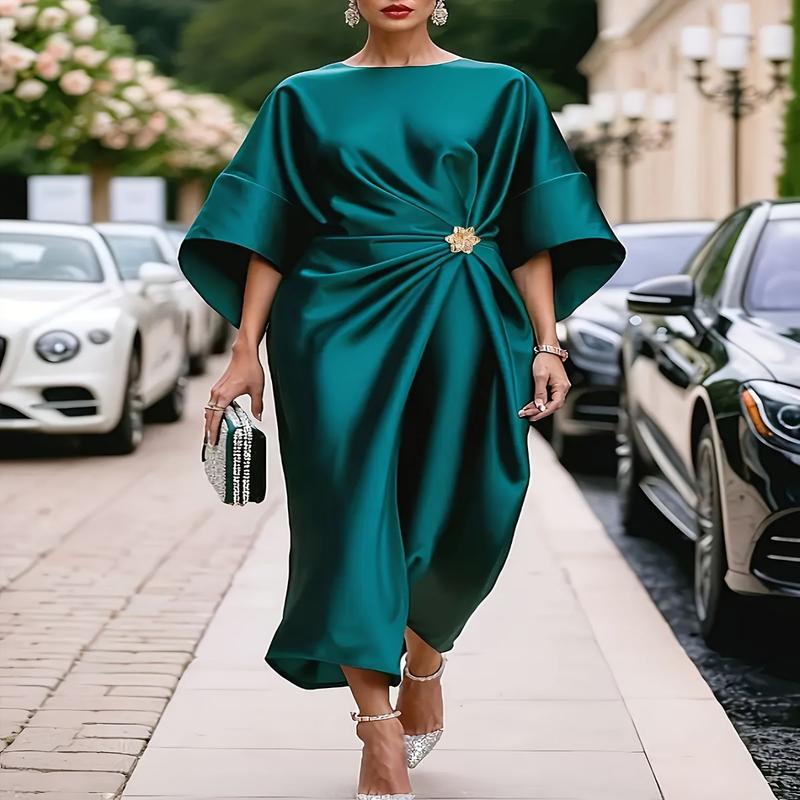 Plus Size Elegant Emerald Green Satin Maxi Dress with 3D Waist Ruching Batwing Sleeves Luxurious Vintage Inspired Long for Women Spring Summer Fall Casual to Formal Occasions Fit and Flare
