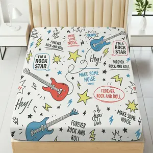 1Pc Rockstar Guitar Music Fitted sheet Mattress Protector Music theme, Rock Band Guitar Mattress protector Breathable, Soft Comfortable Bedding Mattress Cover, for Bedroom Guest Room.
