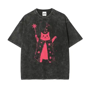 Pink Wizard Cat with Star Wand Vintage S~5XL Oversize Unisex Washed T-Shirt for Women and Men's Unisex Fit Batik Cotton Oversize Streetwear Menswear  Super Soft Pre-Shrunk