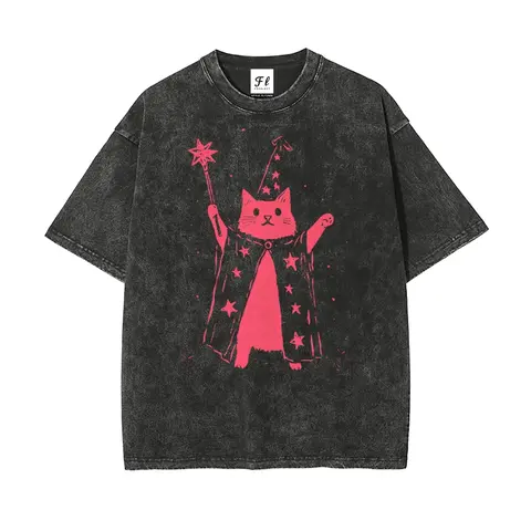 Men's Retro Oversized Vintage Wash Streetwear T-Shirt - Pink Wizard Cat with Star Wand, Batik Cotton Fabric, S-5XL Unisex Pre-Shrunk Super Soft Round Neck Stretch Shortsleeve Plus Size Clothes, Daily Casual Easy Style Menswear (3XL Available)
