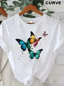 Plus Size, Plus Size Women's Oversized T-Shirt - Turquoise Blue & Pink Print Short Sleeve Round Neck Top, 100% Loose Fit Casual Shirt with White Base & Multicolor Butterflies, Machine Washable All-Season Plus Size Clothing for Women