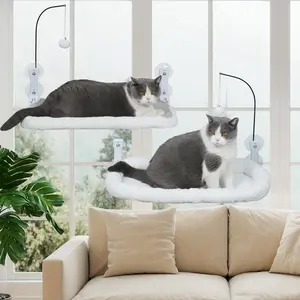 SMONTER Foldable Cat Window Perch with Hanging Toy, Removable Plush & Mesh Cushion, Cordless Cat Hammock with Safety Edge, Easy Install Cat Bed, Cream White