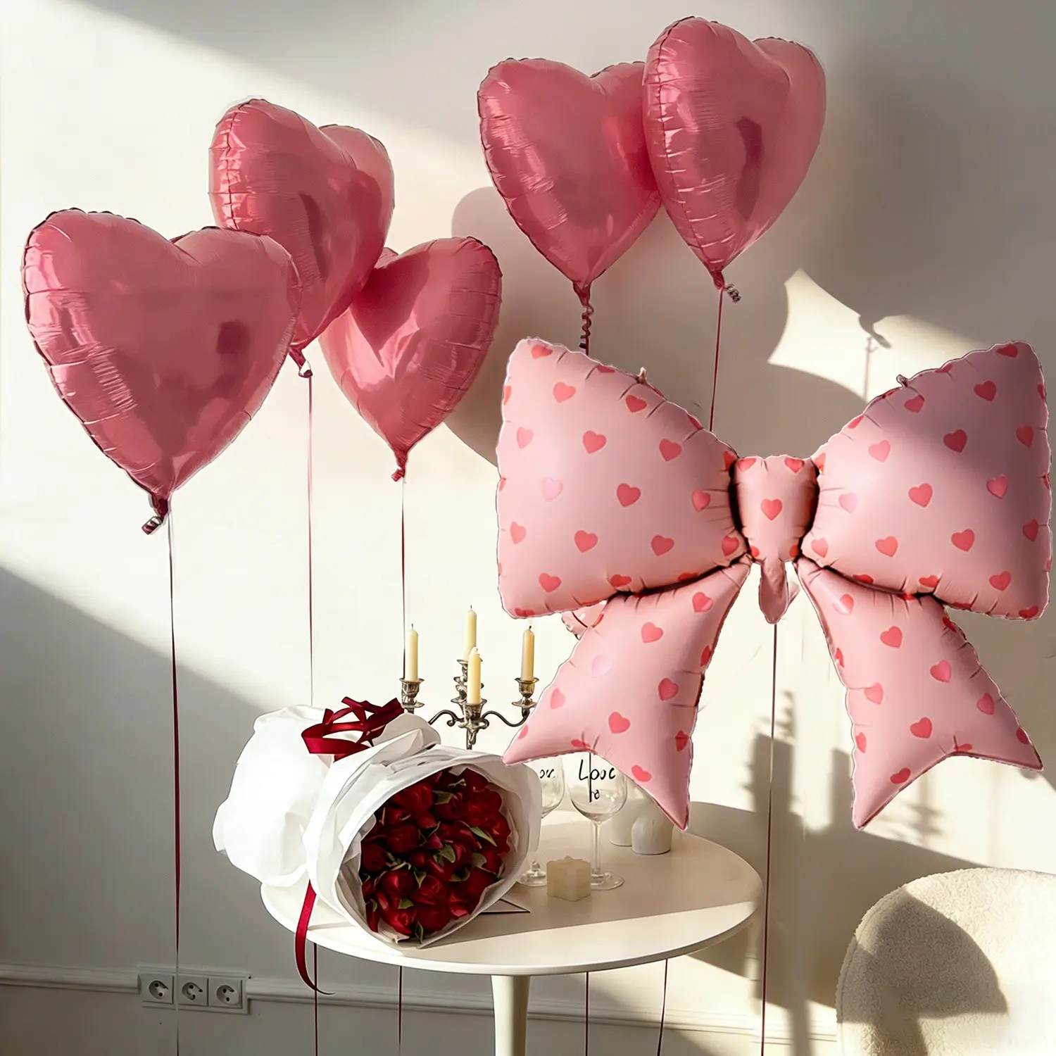 6pcs/set pink love printed bow aluminum foil balloon set, pink 18 inch heart aluminum foil balloons, suitable for wedding, birthday, engagement, bachelor party decoration, Balloon Decorations Kit, Heart Shaped Balloons
