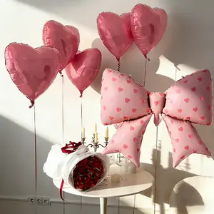 6pcs/set pink love printed bow aluminum foil balloon set, pink 18 inch heart aluminum foil balloons, suitable for wedding, birthday, engagement, bachelor party decoration