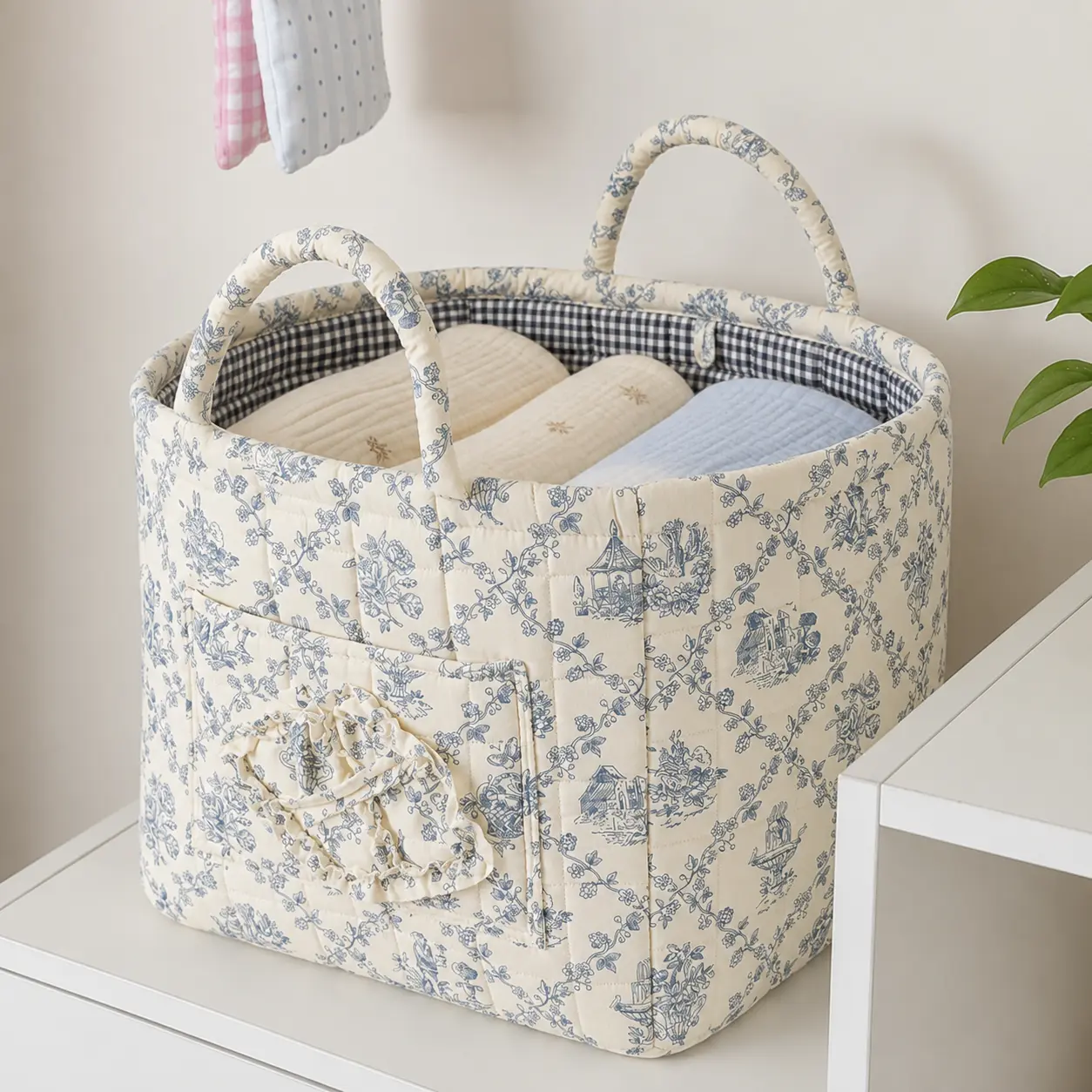 Floral Foldable Cotton Storage Basket, for household laundry, car trunk and backseat storage, quilted woven decorative organizer bin, large capacity, machine washable foldable household tidying accessory