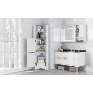 Tall Bathroom Corner Cabinet, Freestanding Storage Cabinet with Doors and Adjustable Shelves, MDF Board, White