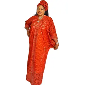 Elegant Orange Maxi Boubou Abaya Lace Dress for Women Formal Womenswear Elegance Casual Statement Scarf