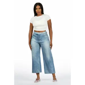 Moxley Med. Wash Denim Print Stretch Terry Sweatpant Capri