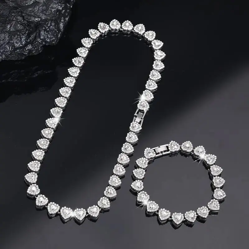 2pcs Set Heart Shaped Cuban Chain Necklace Set for &,Hip Hop Style Choker Set,Luxurious Jewelry Set for Valentine's Day Gifts, Birthday,Everyday & Party Wear, for Women Men#SummerWins