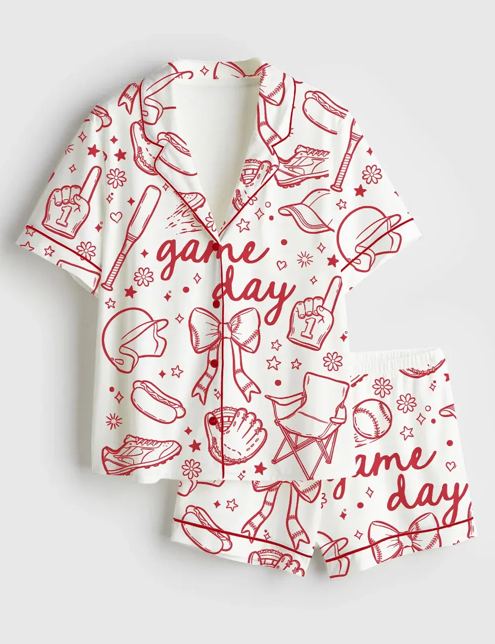 Baseball Game Day Coquette Hand Drawn Doodle Print Short and Long Sleeve Pajama Set, Sleepwear for Women