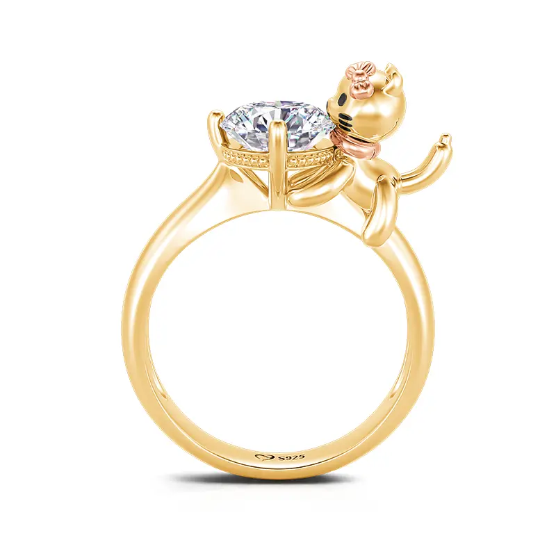 Jeulia Hug Me Puppy Statement Ring for Pet Lovers - Yellow Gold Plated 925 Sterling Silver with 2.5 ct Round Cut Stone, Round Cut Rings, Adults, Cute Puppy, 7 Mm, Hug Me Series, 2.7 Mm Width, Creative Designs, Buffed To A Brilliant Luster, Unisex Adult