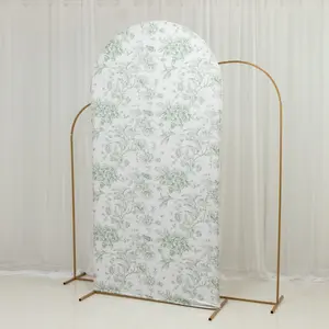 7ft Fitted Spandex Chiara Backdrop Cover – French Toile Dusty Sage Green & White Floral Arch Slipcover for Round Top Wedding Stand