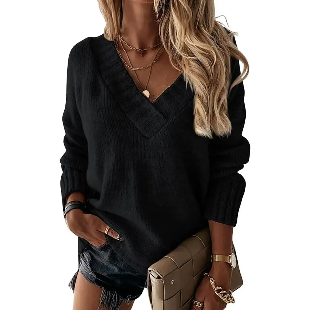 Women's Oversized Ribbed Knit Tunic - Soft and Comfy, Long-Sleeves, Loose V-Neck, Solid Casual Pullover Top
