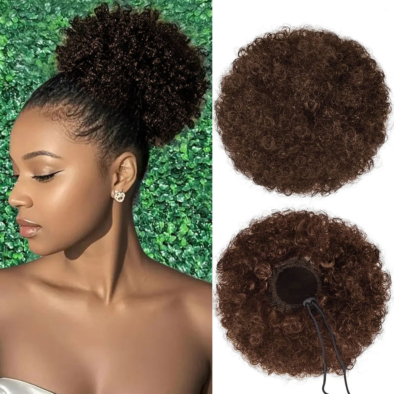 Human Hair Afro Kinky Puff Clip-On Drawstring Extensions - 6-8 In Bouncy Curly, 6 Inch Option, Shiny Remy Shine Natural Black, Healthy Clean for Halloween Ponytails, Daily-Party Essential Fashion Accessory