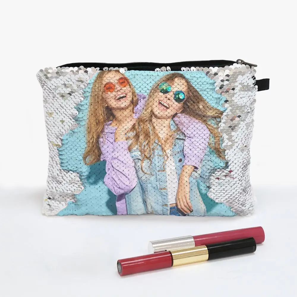 Personalized Sequin Photo Zippered Makeup Pouch Bag