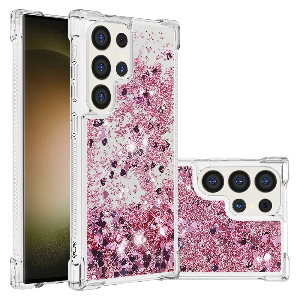 Sand-shaped heart design, flowing glitter, transparent, four-corner shock-resistant phone case suitable for Samsung GalaxyS26 S25 Ultra Plus, Sparkling women's protective case, Protective Cellphone Cover