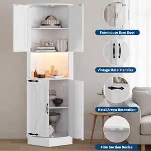 64.6" Farmhouse Corner Cabinet with LED Light – 4 Barn Doors, 5-Tier Shelves, USB Ports & Outlets, Free Standing for Living Room, Kitchen, Bar (Farmhouse Style)